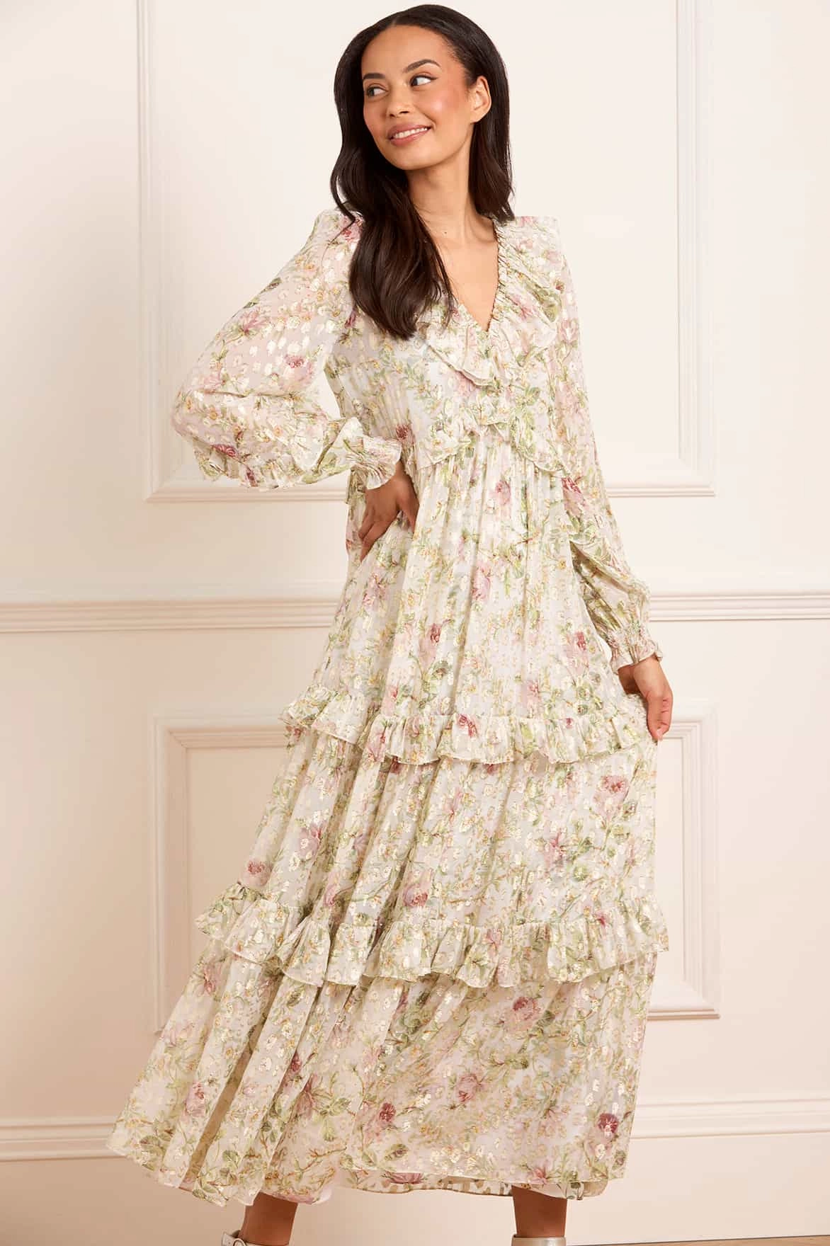 Beach Moment Satin-Sleeve Colette's Rose Cherie Lurex Ankle Gown