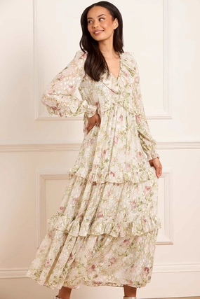 Beach Moment Satin-Sleeve Colette's Rose Cherie Lurex Ankle Gown