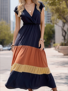 Urban Touch Event Favorite COLOR-CODED SHORT-SLEEVED V-NECK LONG-WAIST DRESS