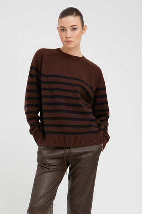 Ribbed Neckline Americano Striped Cashmere Crewneck
