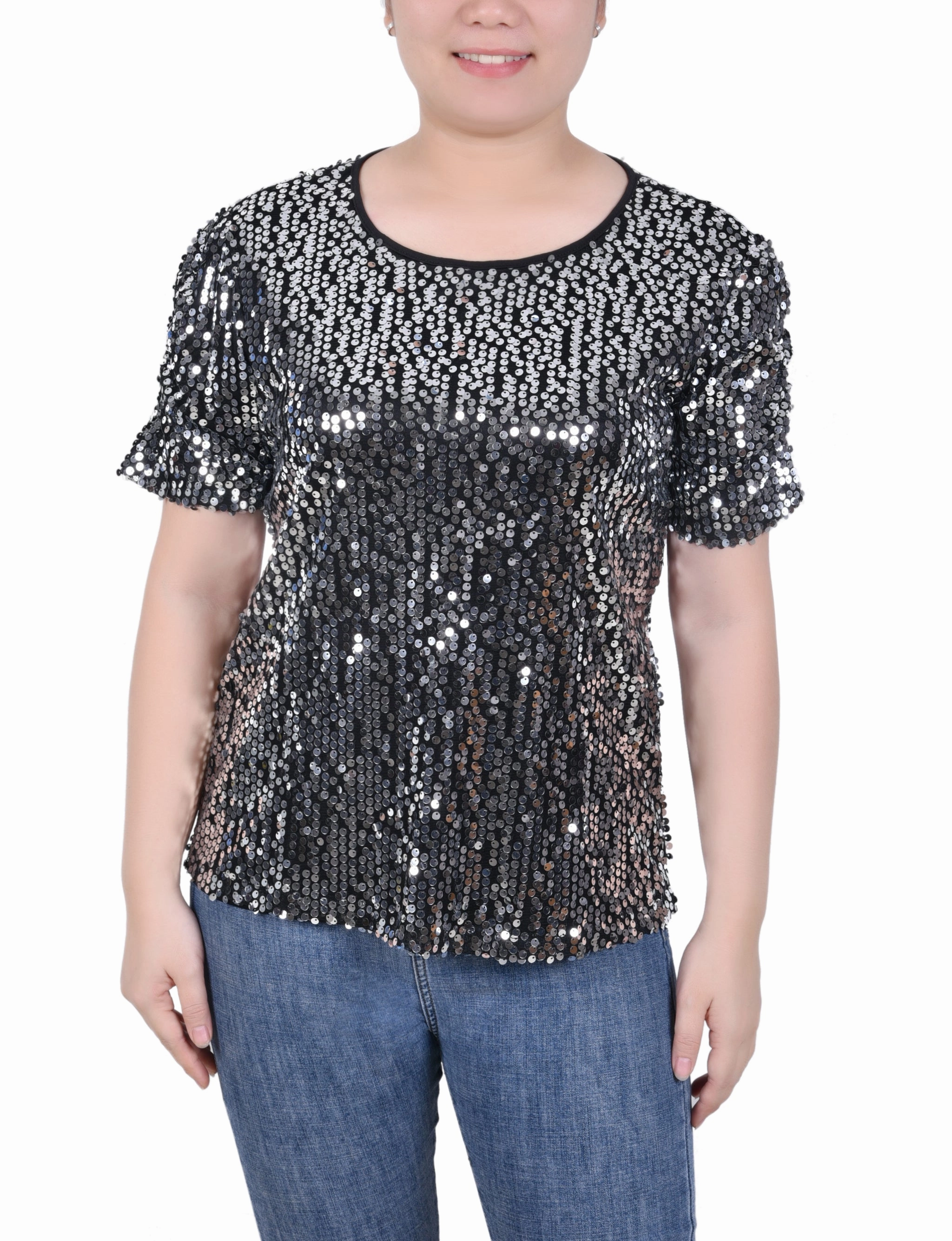 Relaxed Blouse WrinkleResistantFinish Petite Short Sleeve Sequined Top