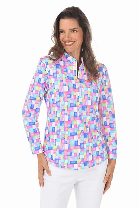 Colorful Cubes Cooling UPF50  Mock Neck Top DoubleLayered