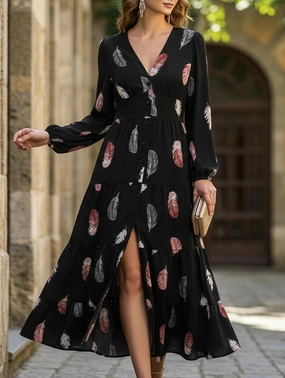 Colorful feather print three-quarter sleeve dress Date-Night Chic Fit