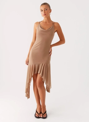 Bessie Midi Dress - Beige Silky-Feel