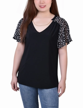 Combo Chiffon-Sleeve V Neck Top YarnBlend