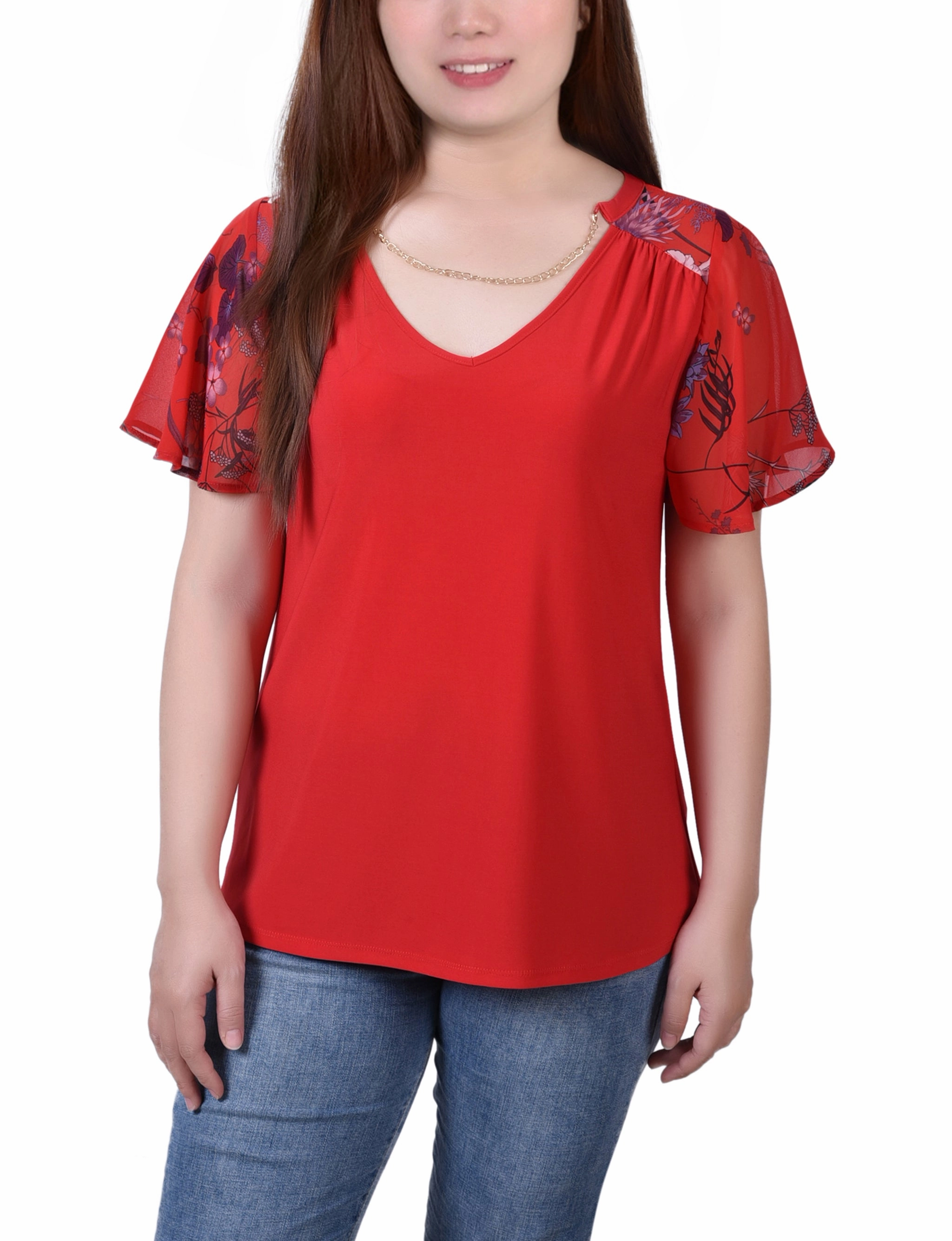 Wrinkle Free Weave UltraLightweight Combo Chiffon-Sleeve V Neck Top
