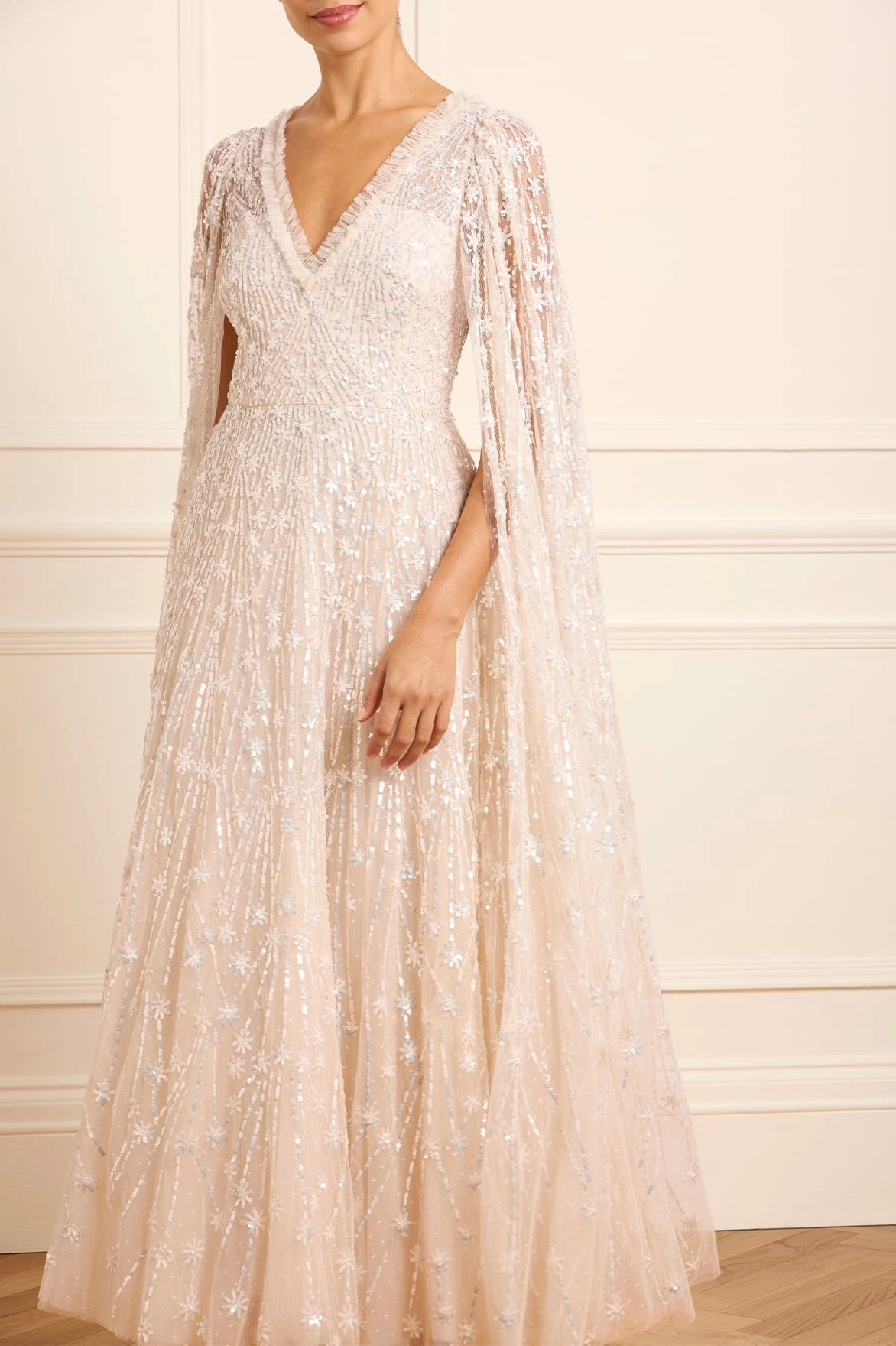 Silky Shine Mesh-Detail Comet Ankle Gown