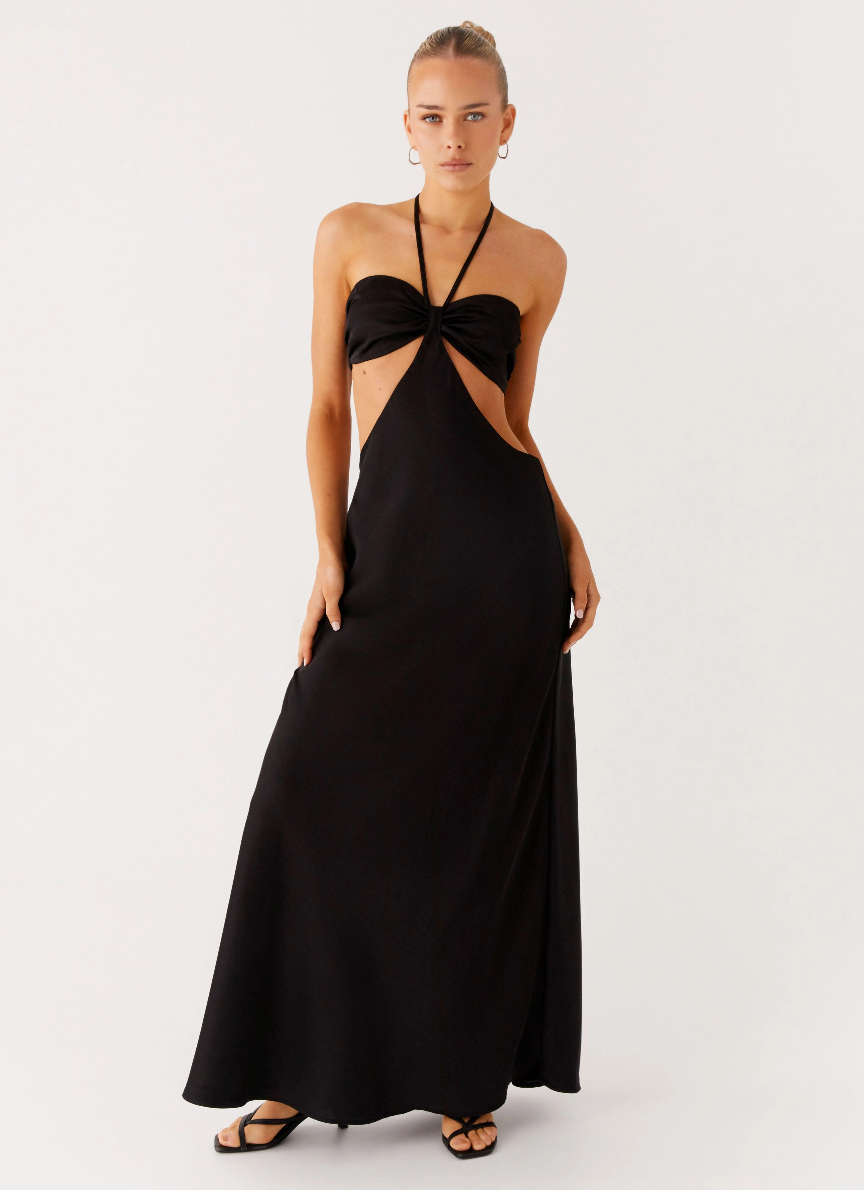Flared-Hem Sweetheart Cut Out Maxi Dress - Black