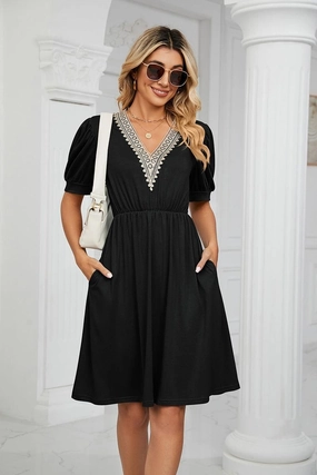 Comfortable fit dress for all body types POCKET LACE V NECK BELTED SHORT SLEEVE DRESS