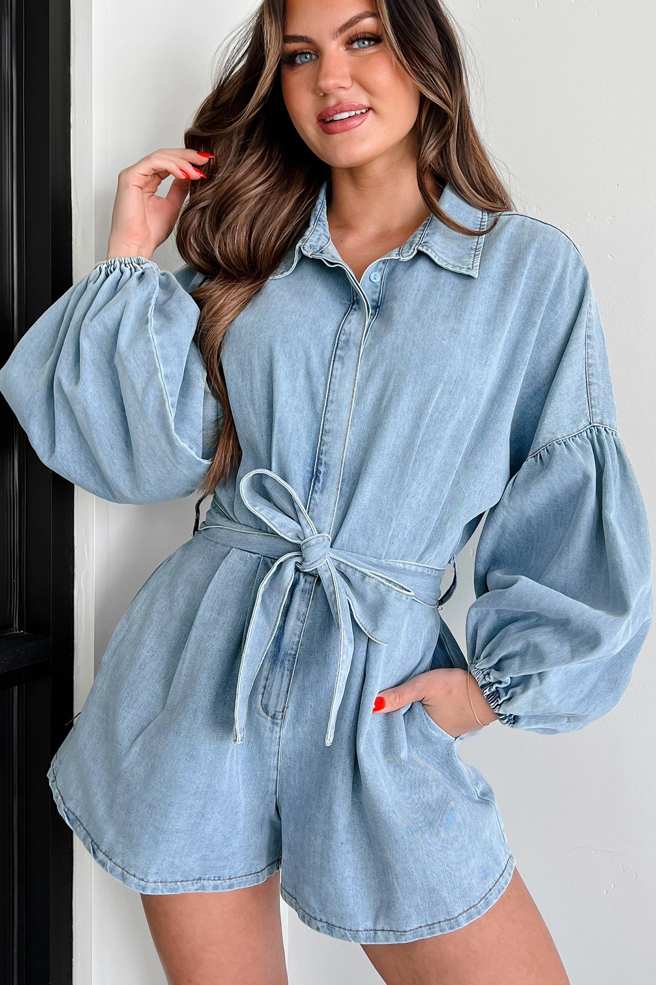 Modern Direction Denim Balloon Sleeve Romper (Denim) Sport Comfort Weekend Style
