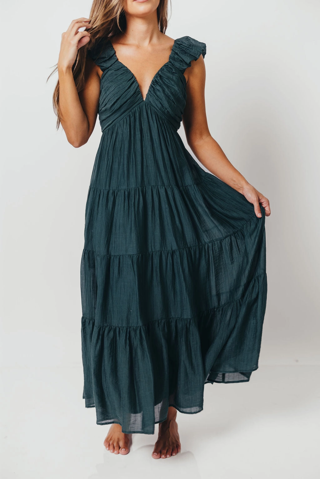 Katy Pleated Bodice Maxi Dress in Deep Teal - Bump Friendly Luxury Feel Simple formal dress
