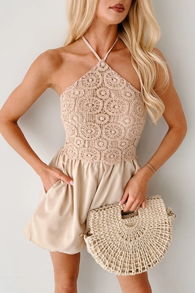 Seasonal Wear Flirty Beginnings Crochet Halter Romper (Natural)