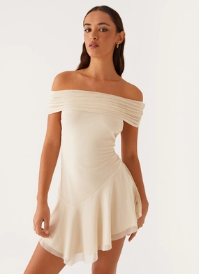Finola Off Shoulder Mini Dress - Pastel Yellow Subtle Edge