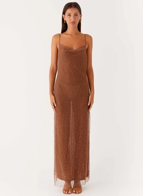 Zuella Beaded Maxi Dress - Chocolate Front-Slit