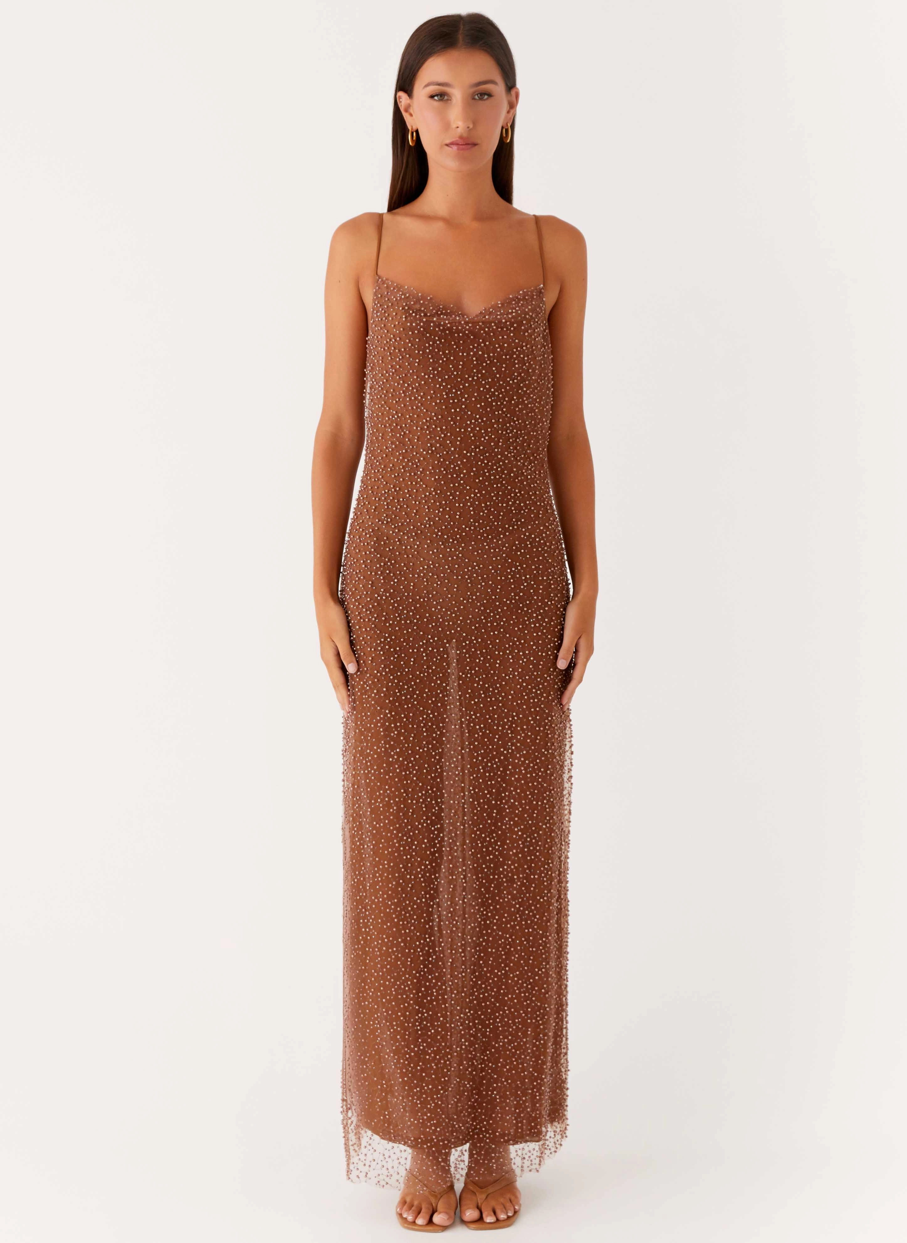 Zuella Beaded Maxi Dress - Chocolate Front-Slit