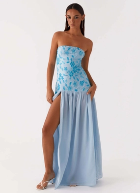 Eden Strapless Beaded Maxi Dress - Blue Fitted Neat Flower Grace
