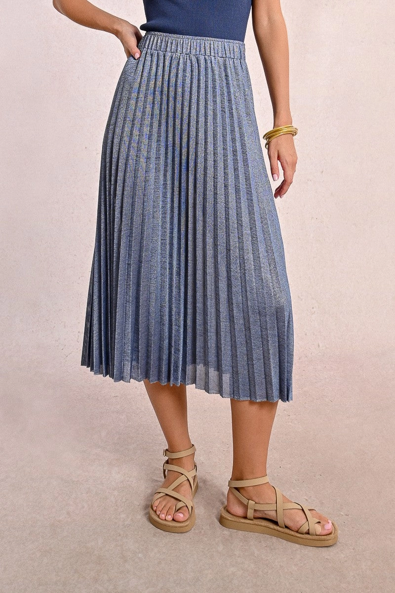 Organic Cotton Pleated Knit Maxi Skirt in Iridescent Blue