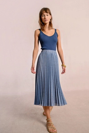 Pleated Knit Maxi Skirt in Iridescent Blue Fade Resistant Cloth Smart Fit