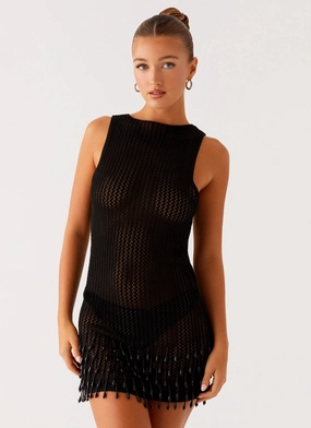 Contrasting Detail Miracle Beaded Crochet Mini Dress - Black