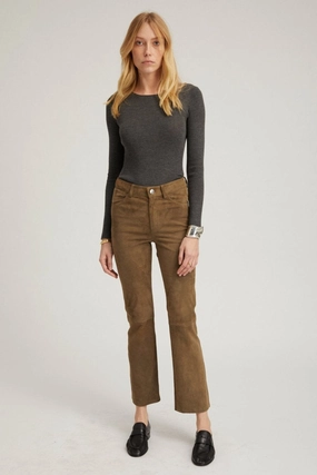 Olive Suede 5 Pocket Ankle Flare Pants Quick Layer Lounge-friendly