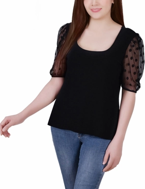 SeamlessKnitConstruction FlexibleCuffs Elbow Sleeve Crepe Top With Mesh Dotted Sleeves