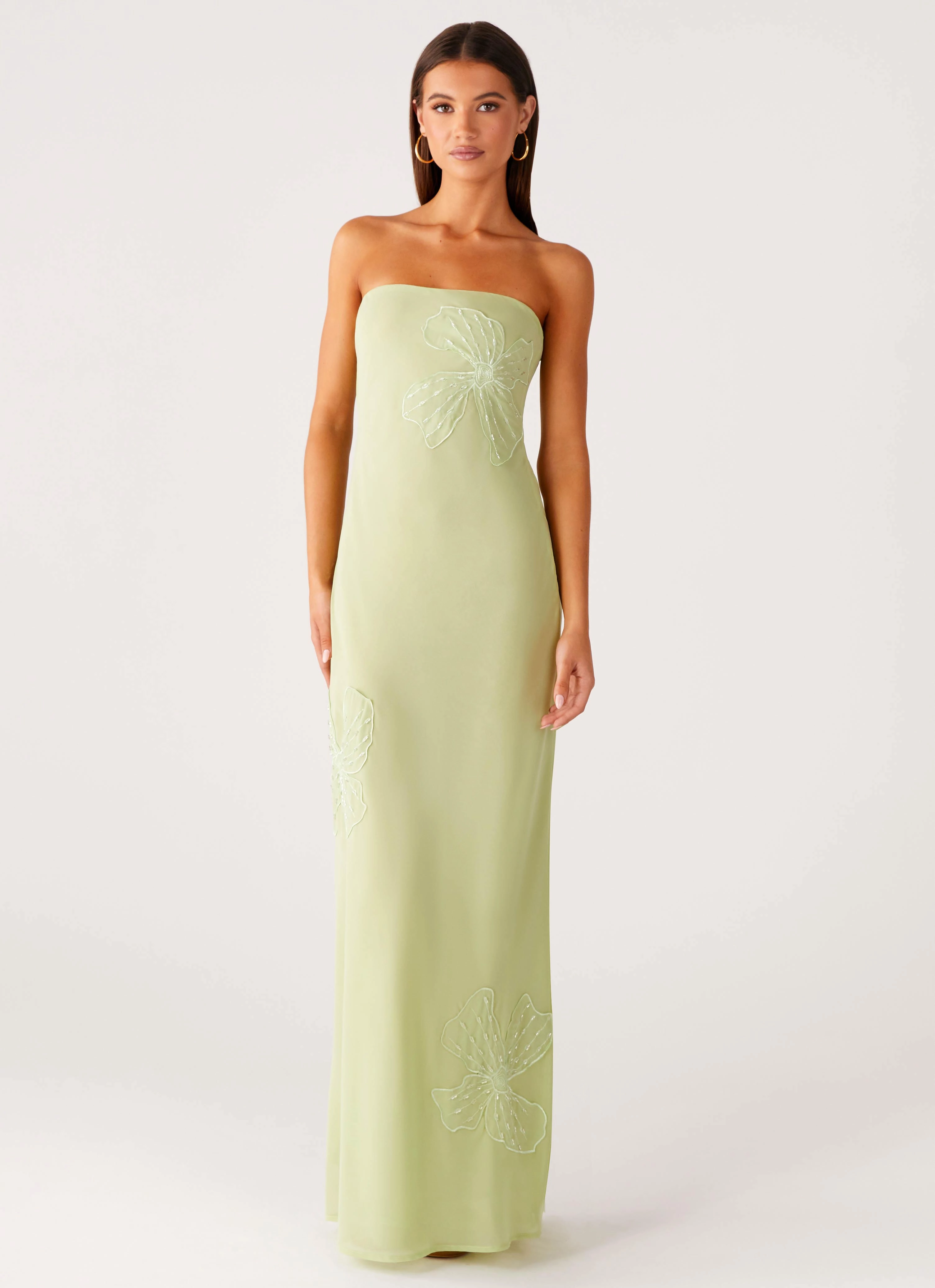 Sassafras Beaded Flower Strapless Maxi Dress - Lime Silk-Blend Artisanal-Detail