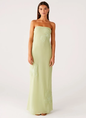 Sassafras Beaded Flower Strapless Maxi Dress - Lime Modern Movement Dreamy Touch