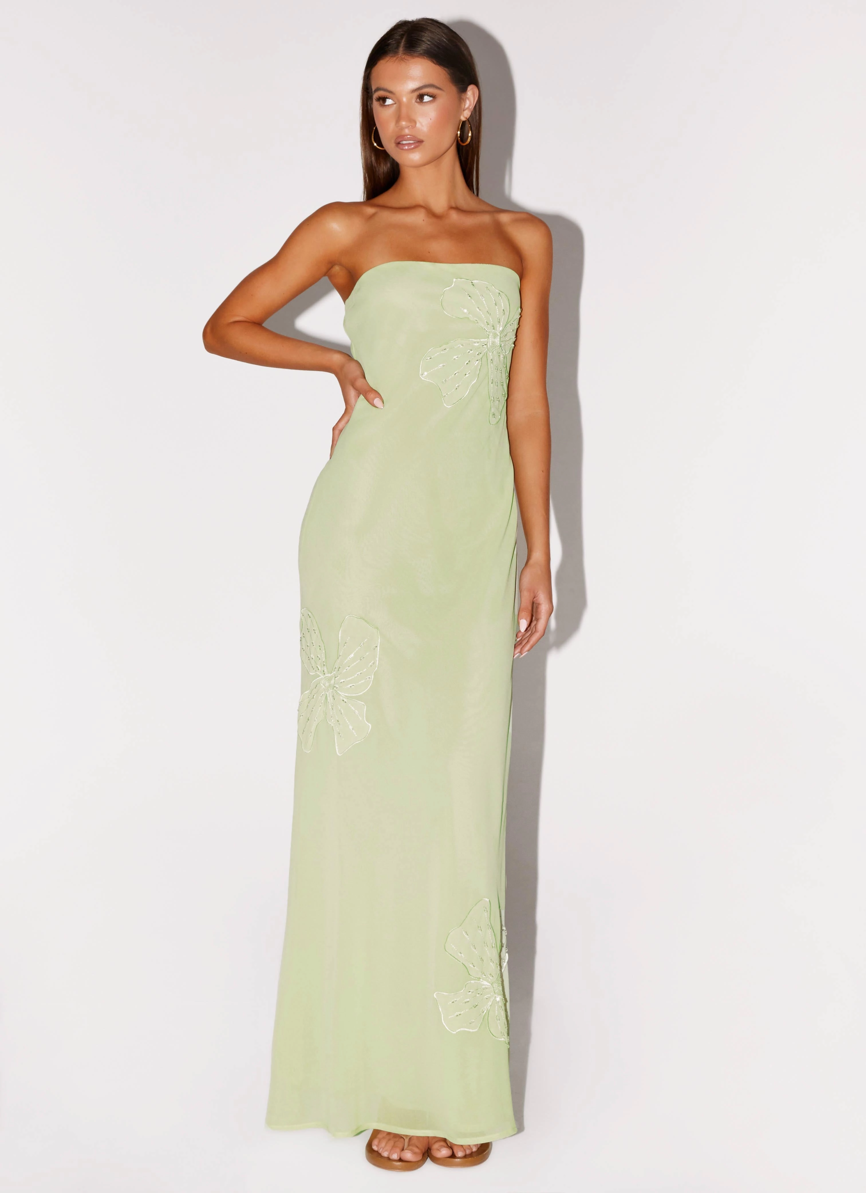 Social Charm Sassafras Beaded Flower Strapless Maxi Dress - Lime