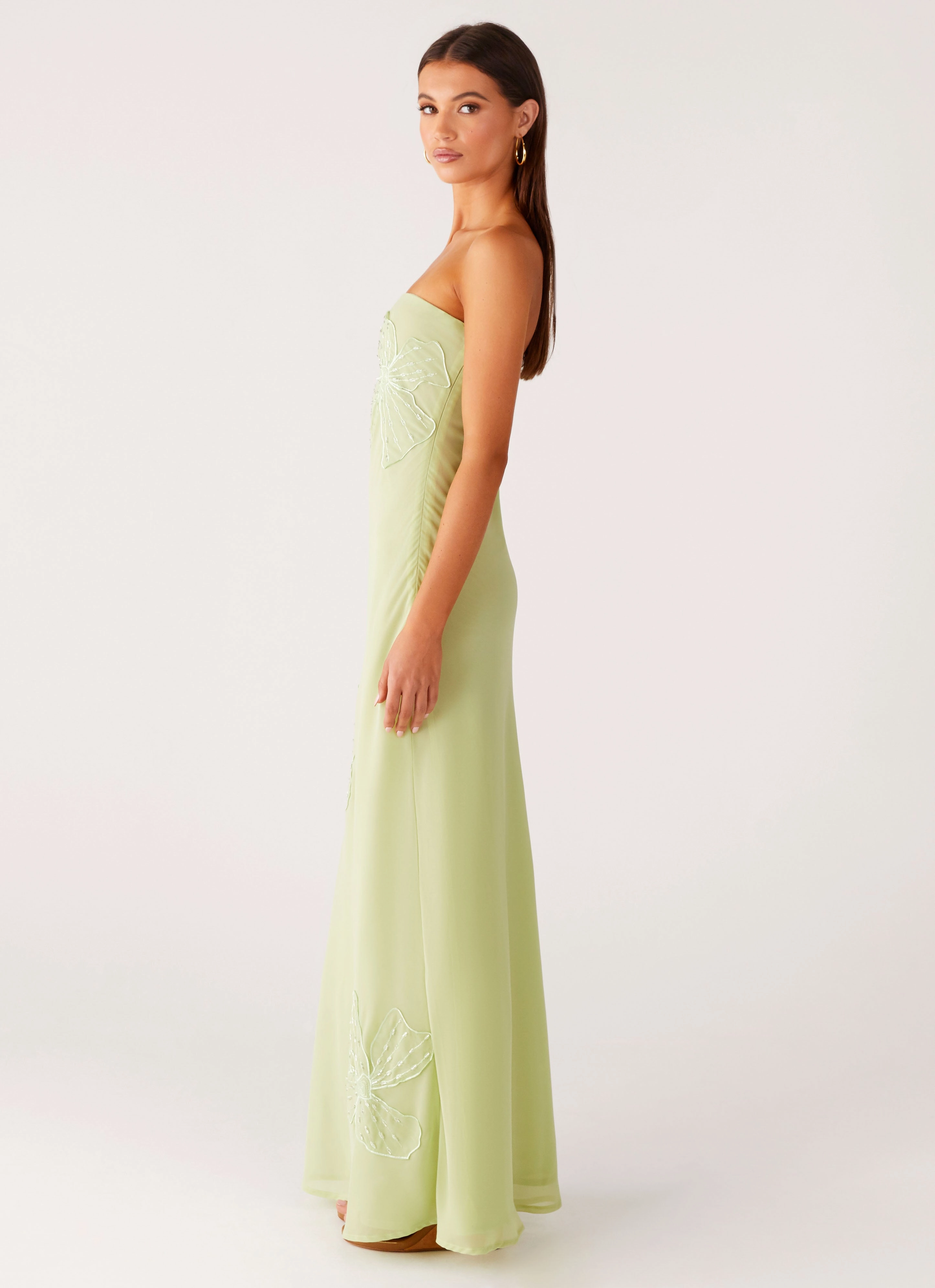 Urban Feel Everyday Piece Sassafras Beaded Flower Strapless Maxi Dress - Lime