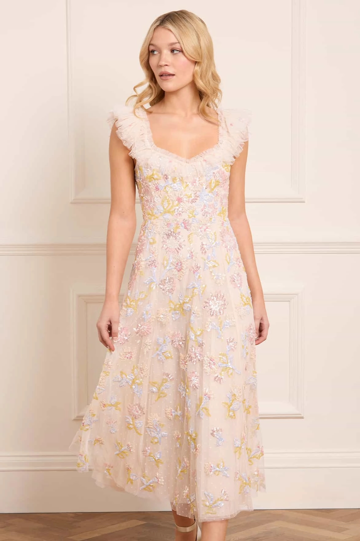 Stylish Waist Fit Sequin Dandelion Ruffle Ballerina Dress