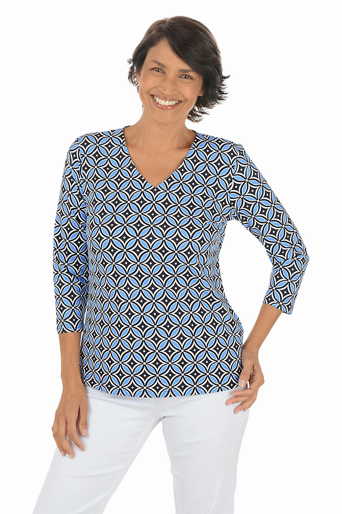 Compass Rose UPF50  V-Neck Top Bound Edges