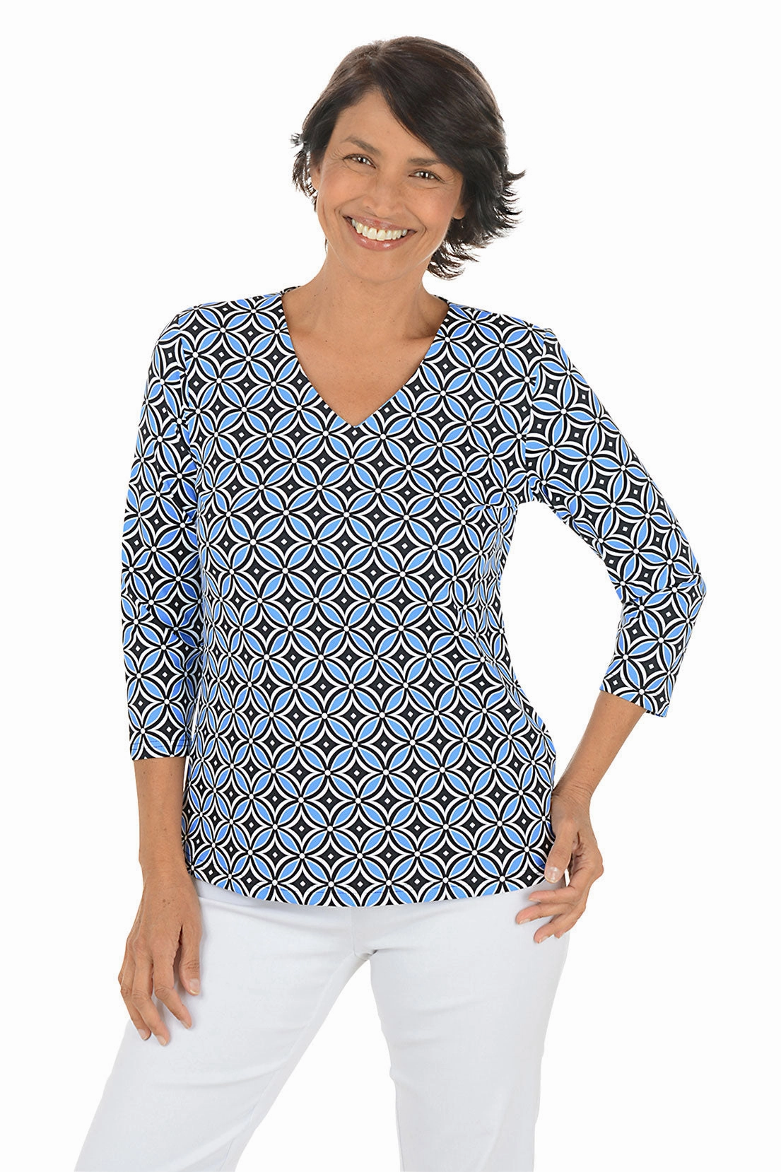 Stretch Material Compass Rose UPF50  V-Neck Top