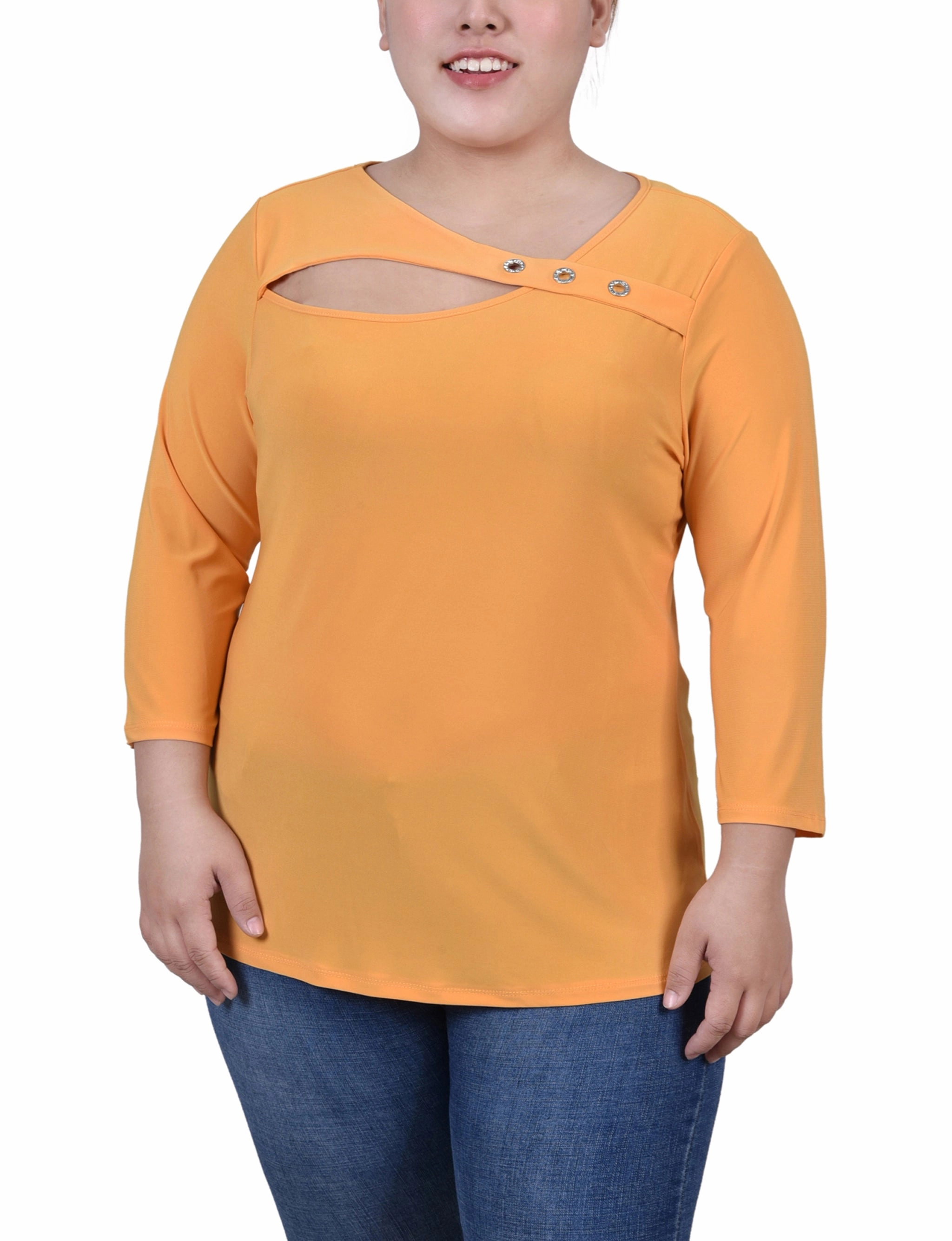 Plus Size 3/4 Sleeve Cutout Top Four Way Stretch