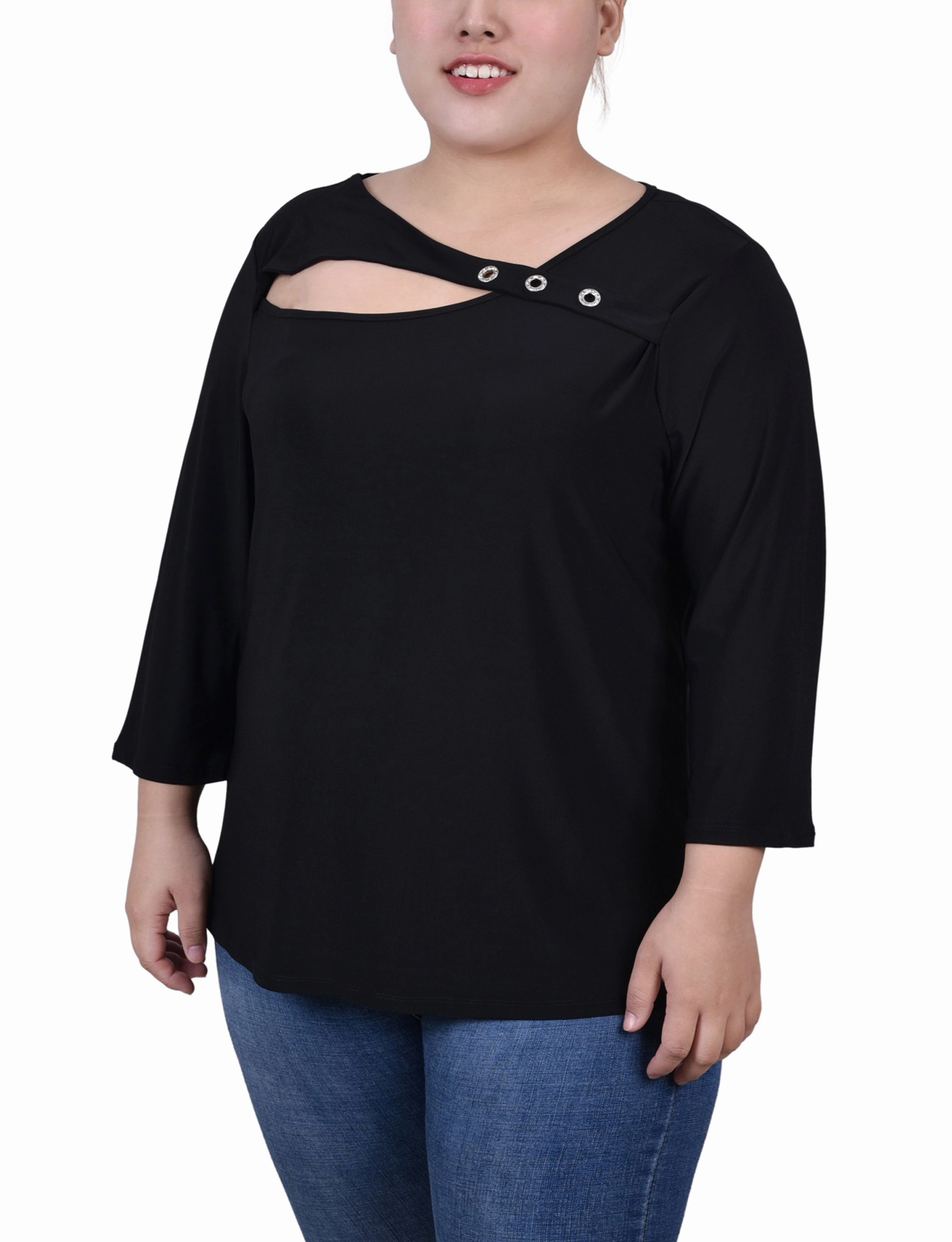 Plus Size 3/4 Sleeve Cutout Top Wrinkle Free Texture Lightweight insulation