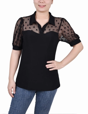 Petite Short Sleeve Top With Dotted Mesh Soft Touch Texture