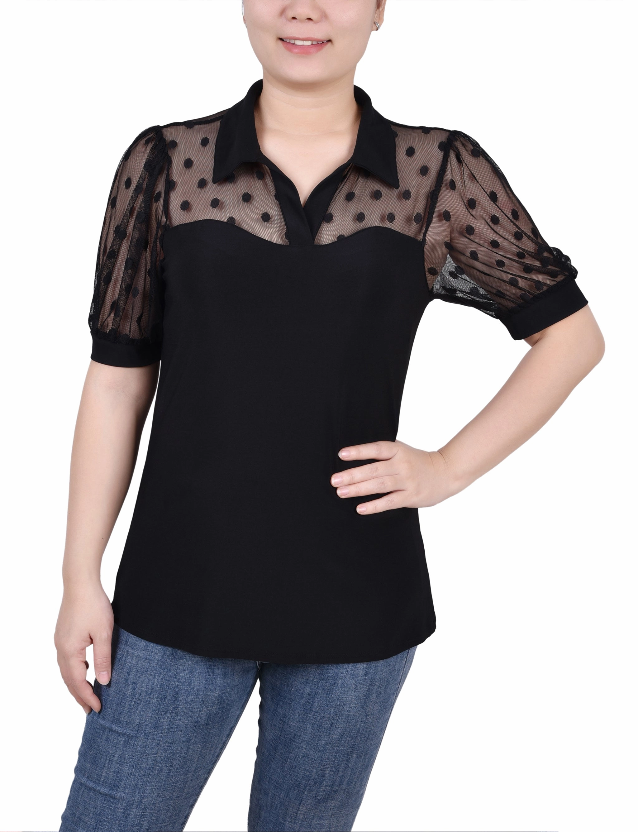Petite Short Sleeve Top With Dotted Mesh Soft Touch Texture