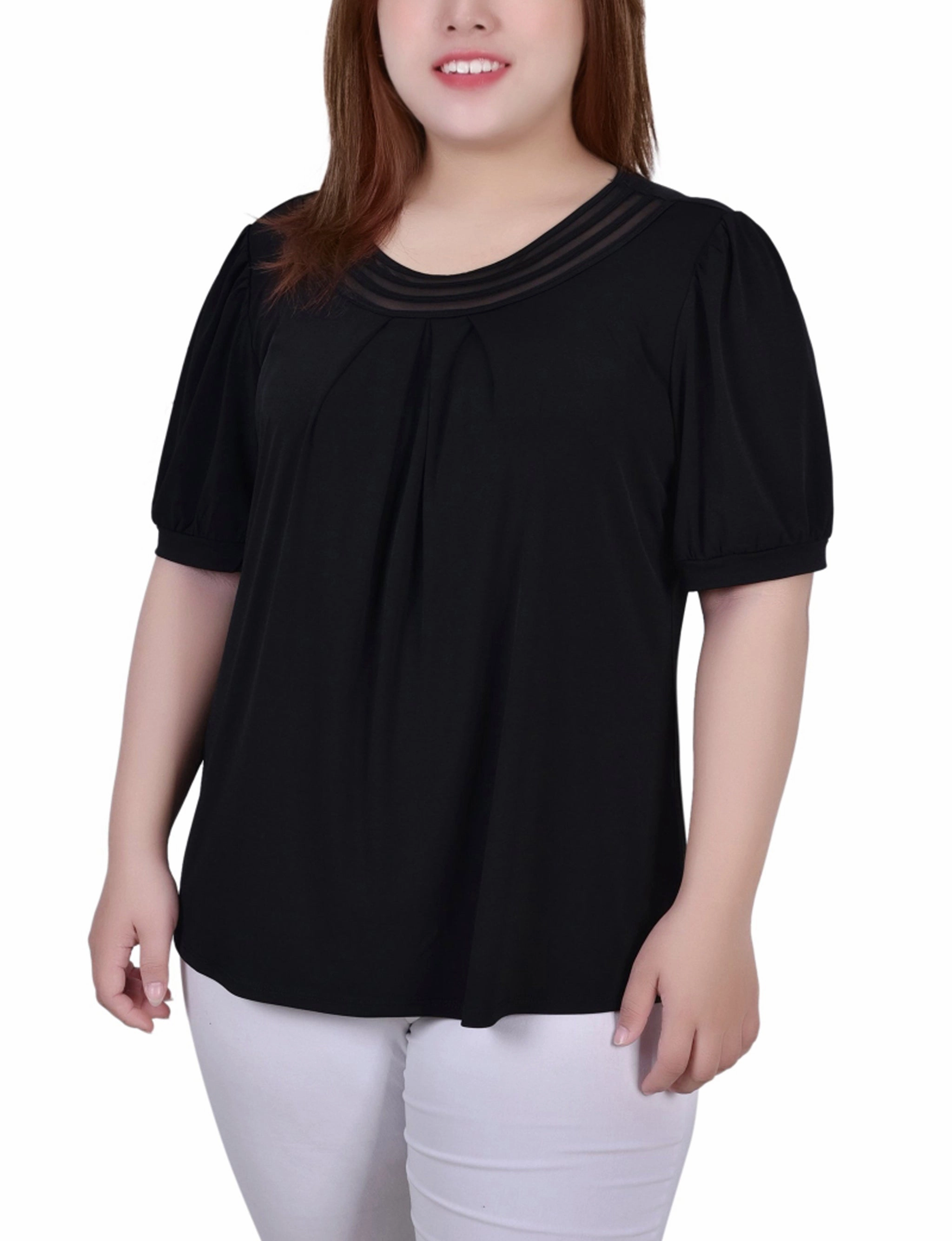 Warm Fabric UltraFineMesh Plus Size Short Puff Sleeve Sheer Inset Top