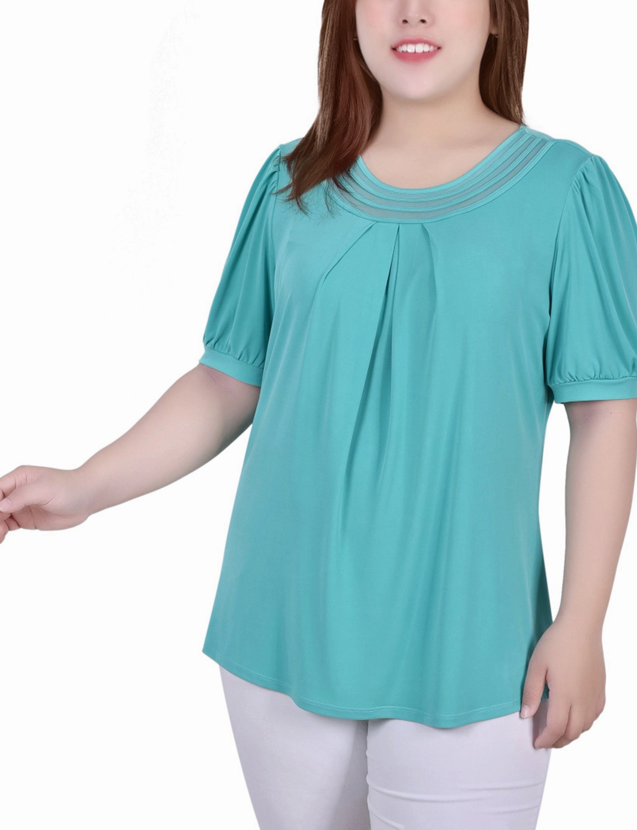 Easy Wear Tunic top Plus Size Short Puff Sleeve Sheer Inset Top
