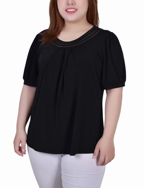 Warm Fabric UltraFineMesh Plus Size Short Puff Sleeve Sheer Inset Top