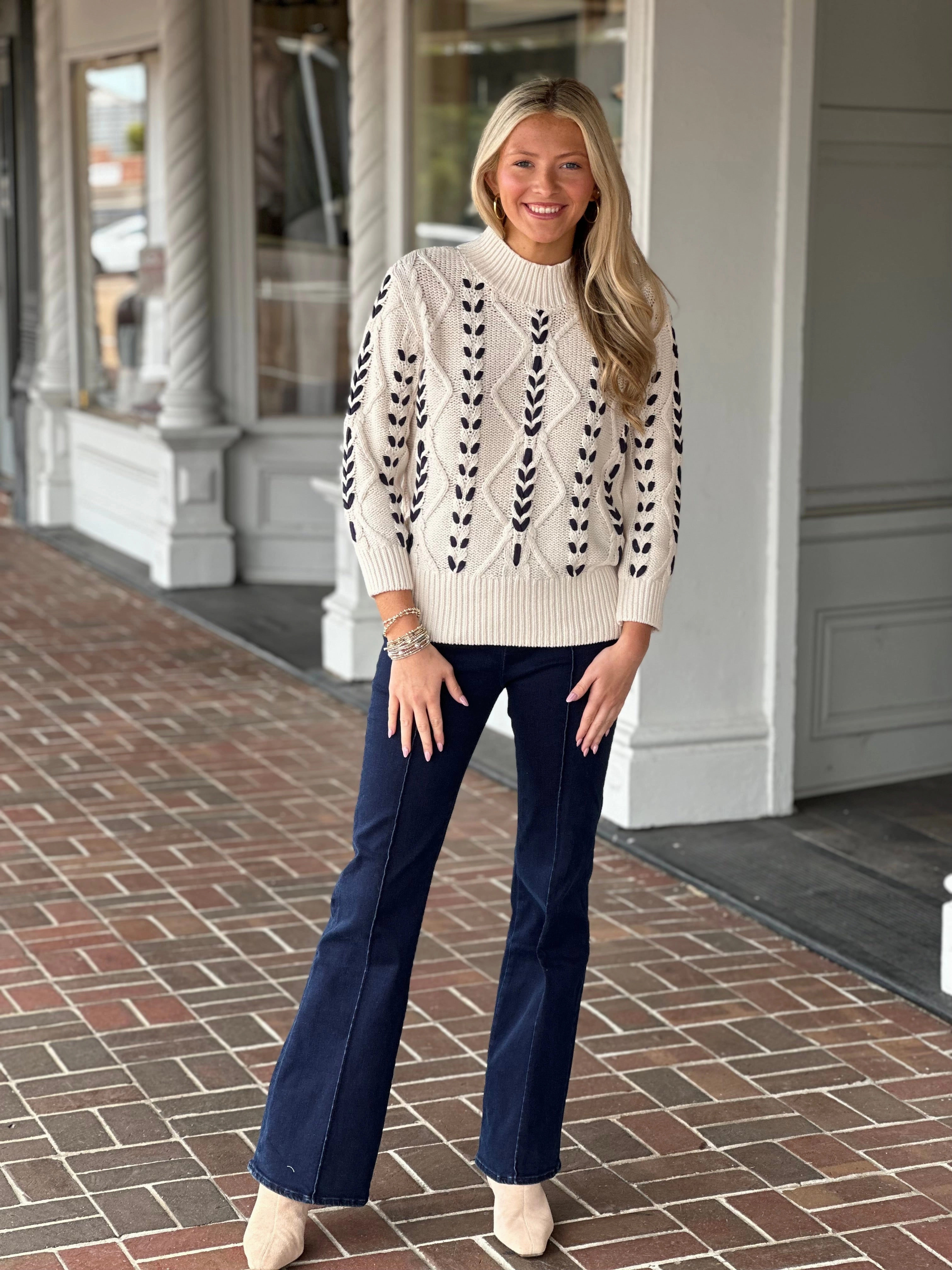 Breathable Tank Tribal Cable-Knit 3/4 Sleeve Mock Neck Sweater in Moonstone