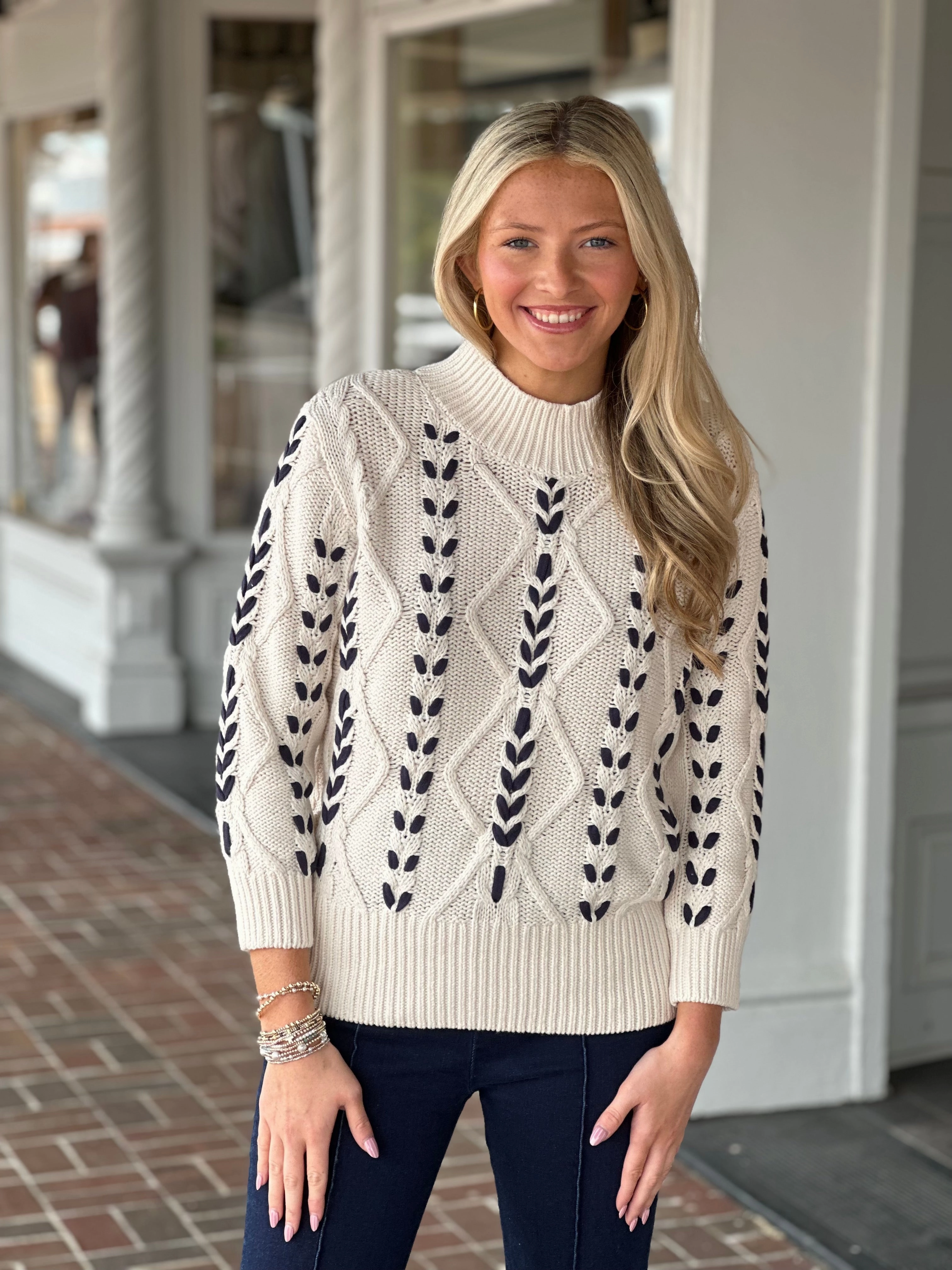 Tribal Cable-Knit 3/4 Sleeve Mock Neck Sweater in Moonstone Smooth Interior Lining