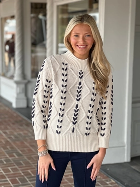 Minimalist Collar Tribal Cable-Knit 3/4 Sleeve Mock Neck Sweater in Moonstone