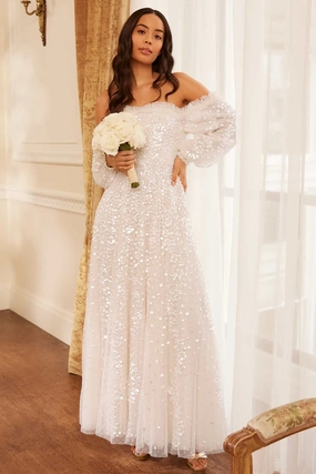Confetti Gloss Off-Shoulder Gown Casual chic dress Cozy Silhouette