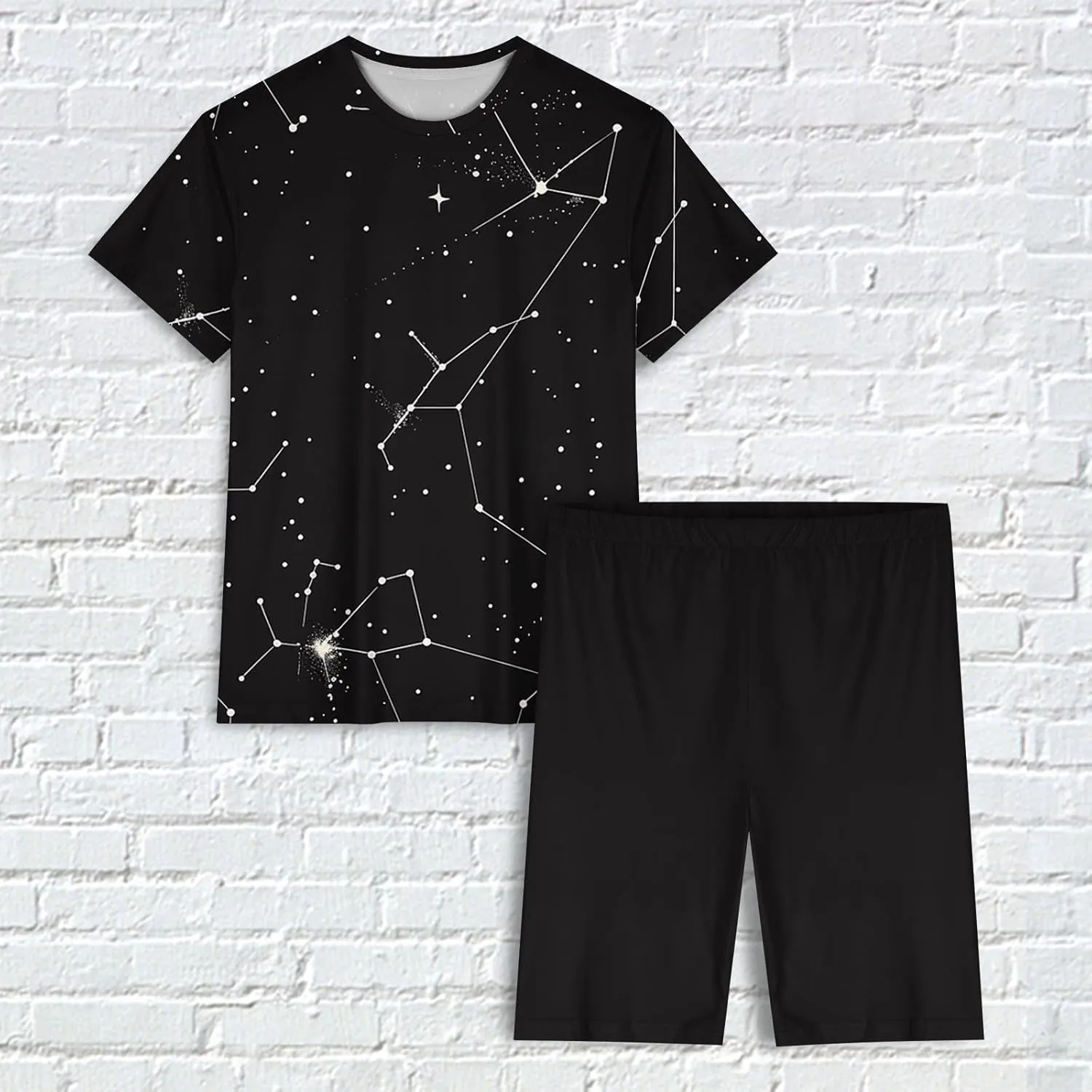 Constellation Print 2Piece Set for Women Soft Pajamas Set Funny Stars Oversized Short Sleeve Tops and Biker Shorts