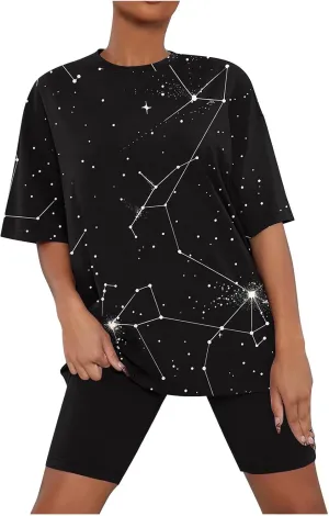 Constellation Print 2Piece Set for Women Soft Pajamas Set Funny Stars Oversized Short Sleeve Tops and Biker Shorts