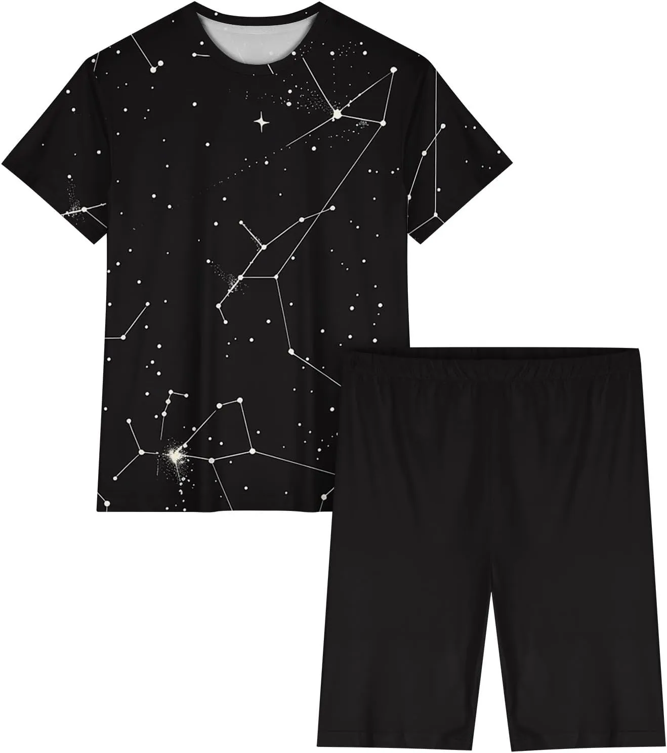 Constellation Print 2Piece Set for Women Soft Pajamas Set Funny Stars Oversized Short Sleeve Tops and Biker Shorts