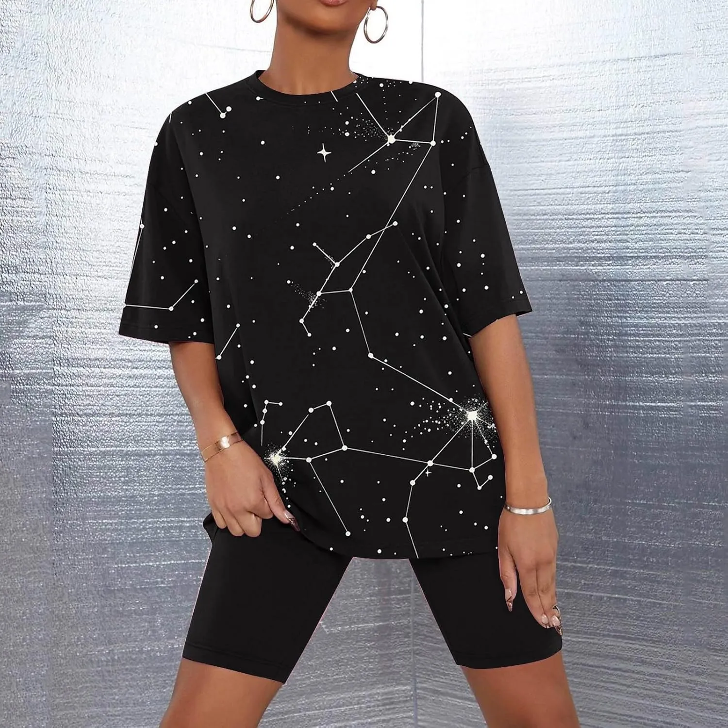 Constellation Print 2Piece Set for Women Soft Pajamas Set Funny Stars Oversized Short Sleeve Tops and Biker Shorts