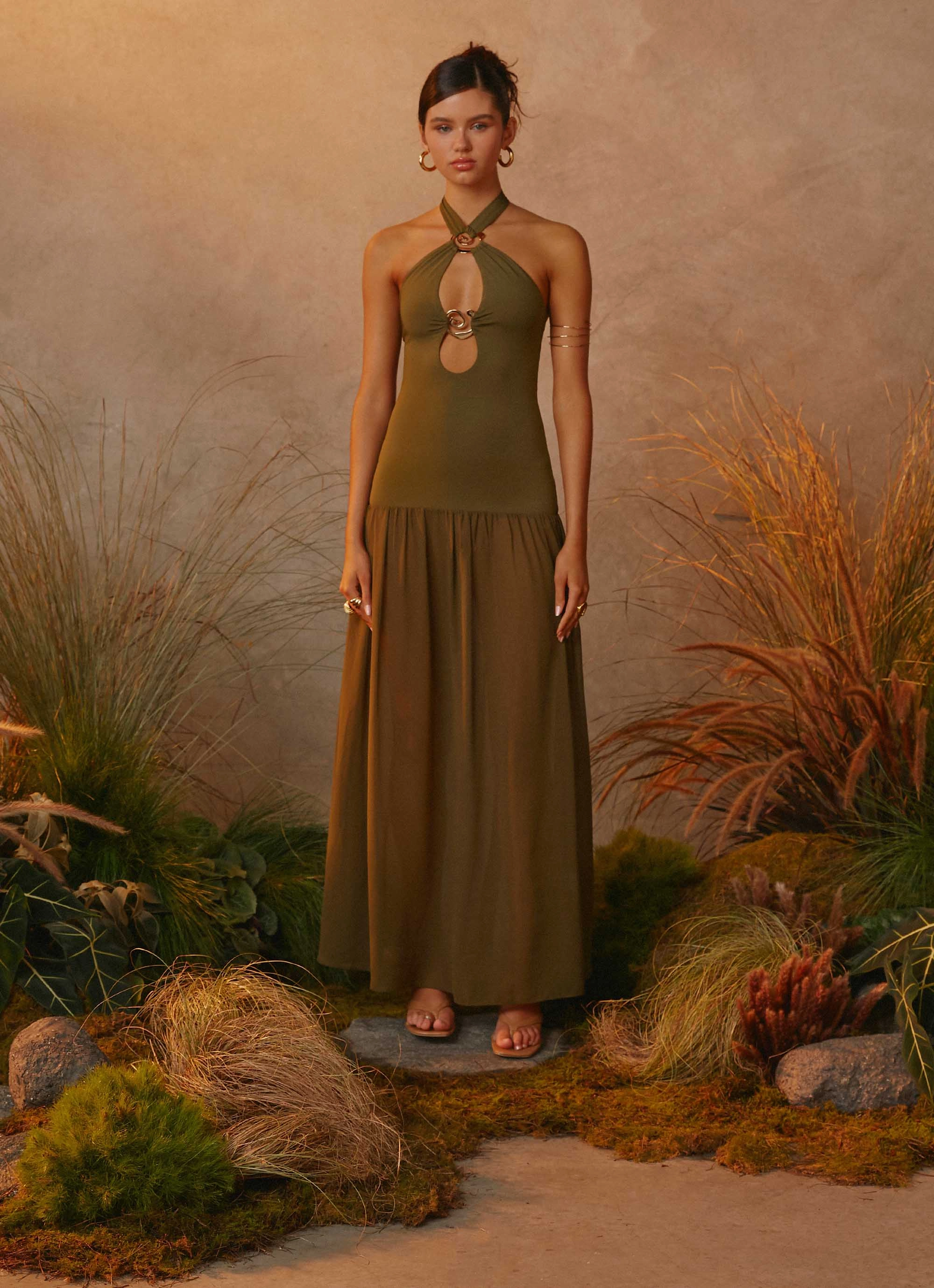 Festival-Ready Modern and Feminine Cypress Kiss Maxi Dress - Khaki