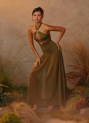 Cypress Kiss Maxi Dress - Khaki Side-Slit