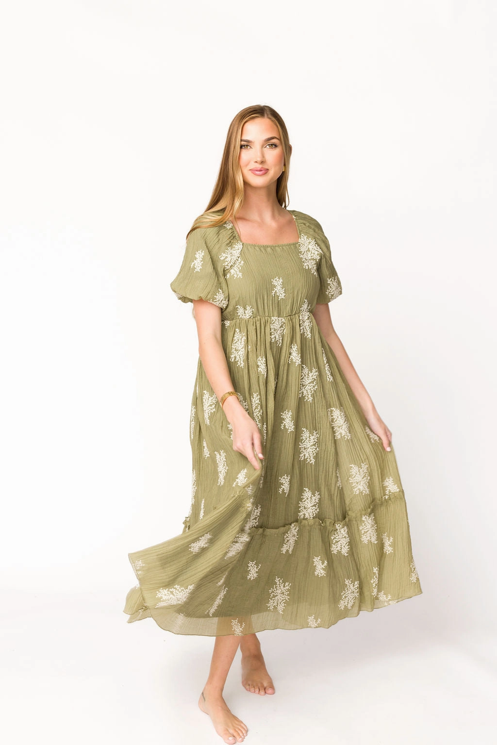Hallie Embroidered Maxi Dress in Olive - Bump Friendly & Inclusive Sizing (S-3XL) *Final-Sale* Sleek Flex Happy Scent